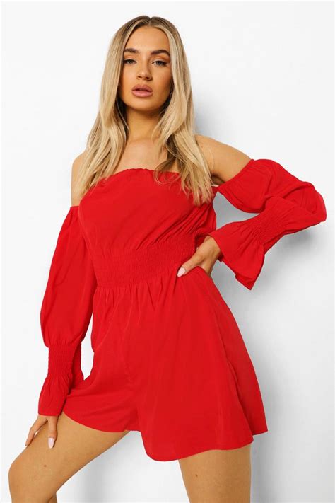 Off The Shoulder Puff Sleeve Shirred Romper Boohoo