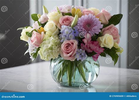 Fresh Cut Bouquet of Pastel Flowers in Clear Vase Stock Illustration - Illustration of spring ...