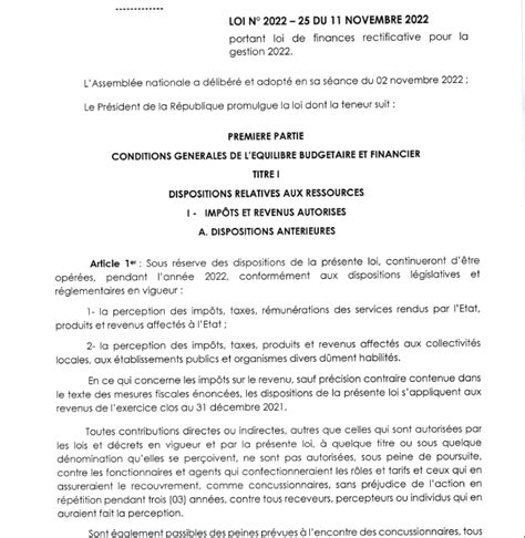 Loi N° 2022 25 Du 11 Novembre 2022 Portant Loi De Finances