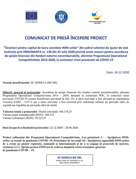 Comunicat De Pres Ncepere Proiect Sc Horeca Biz Srl