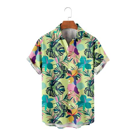 Mlfu Unisex Short Sleeve Button Down Beach Shirt Tropical Polyester Tee