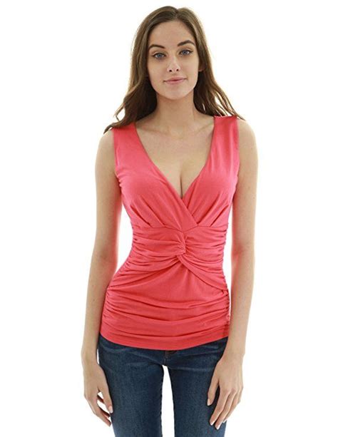 Pattyboutik Women V Neck Crossover Twist Front Sleeveless Blouse Coral