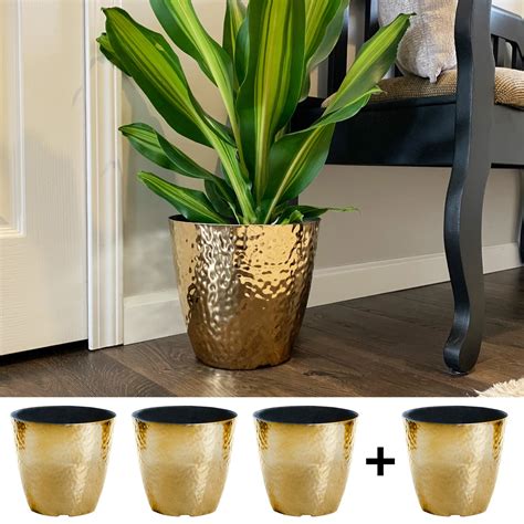 4 Pack 10 Inch Round Metallic Hammered Plastic Flower Pot Garden Potted