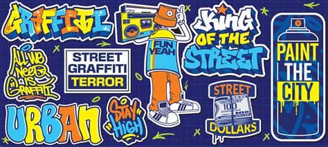 A set of colorful or vibrant graffiti art stickers. Street art theme, urban style for T-shirt ...