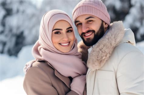 Premium Photo | Smiling young Muslim couple in winter attire outdoors