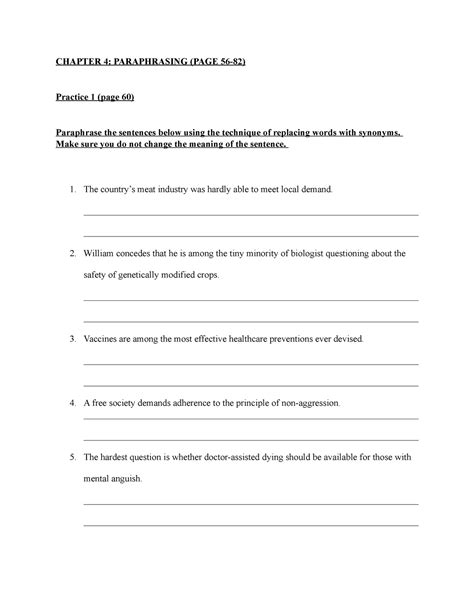 Paraphrasing Practice CHAPTER 4 PARAPHRASING PAGE 56 82 Practice 1