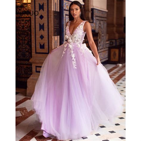 YUNUO Princess Tulle Lilac Gorgeous Prom Party Dress V Neck A Line