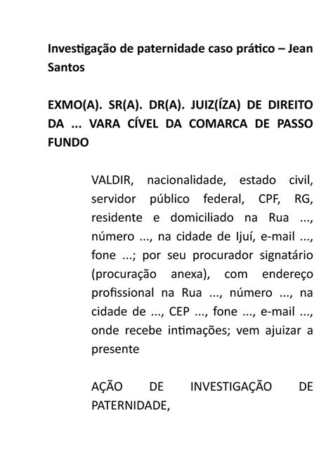 Modelo Investiga O De Paternidade Investiga O De Paternidade Caso