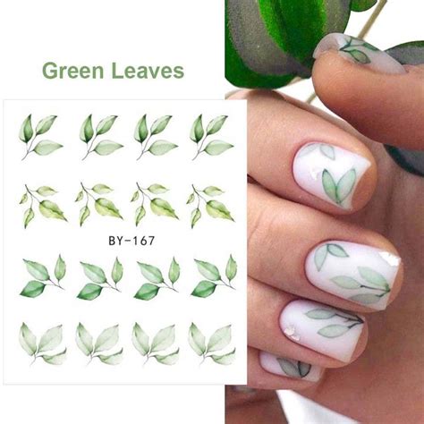 Green Leaf Nail Stickers - 12 Fresh Styles Water Transfer Decals for ...