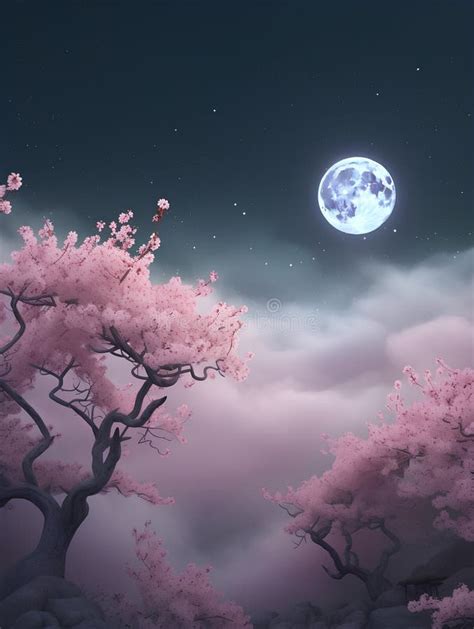 Cherry Blossom And Full Moon In Night Sky 3d Render Stock Illustration