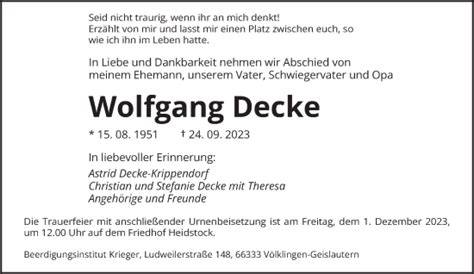 Traueranzeigen Von Wolfgang Decke Saarbruecker Zeitung Trauer De