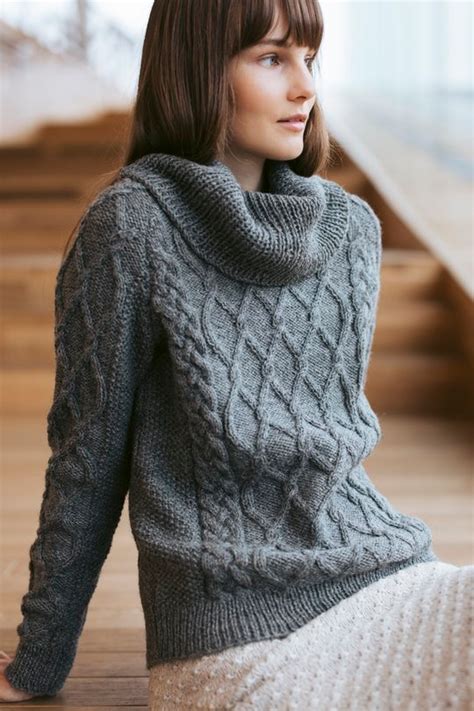 Free Knitting Pattern For A Cowl Neck Cabled Sweater Aran Sweater