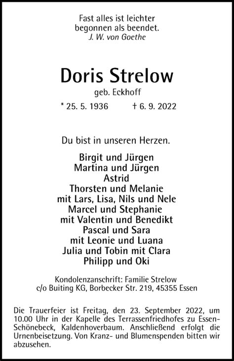 Traueranzeigen Von Doris Strelow Trauer In Nrw De