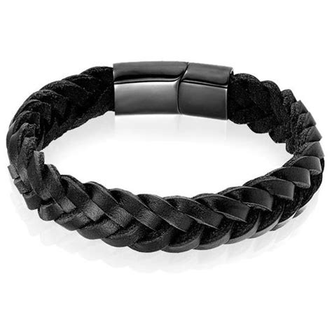 Heren Armband Lgt Jewels Gevlochten Leer Edelstaal Zwart 23cm