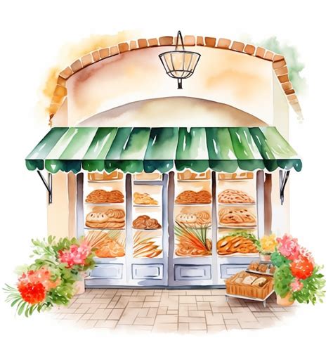 Premium Photo Watercolor Painting Of A Bakery Storefront On The White