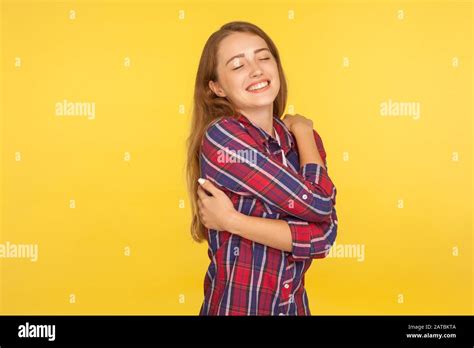 I Love Myself Portrait Of Pleased Satisfied Ginger Girl In Shirt