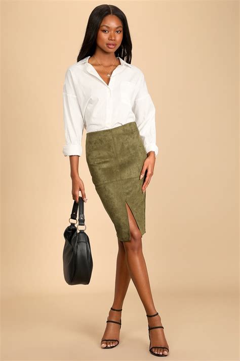 Chic Pencil Skirt Vegan Suede Skirt Olive Green Suede Skirt Lulus