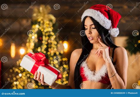 Portrait Of Beautiful Girl Wearing Santa Claus Lingerie Beautiful Girl