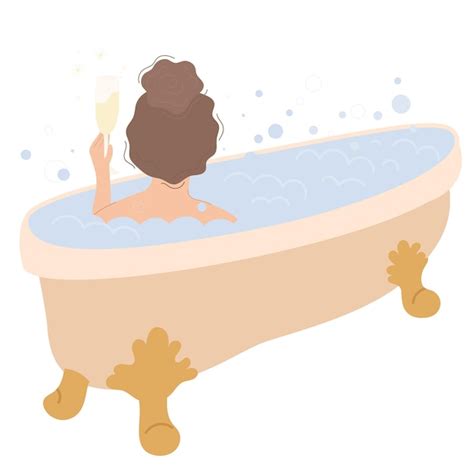 Premium Vector Relaxed Woman Lying At Bath Tub With A Glass Of Champagne And Bubbles Foam