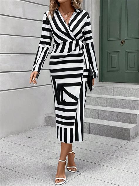 Shein Lune Striped Print Knot Side Wrap Dress Shein Usa