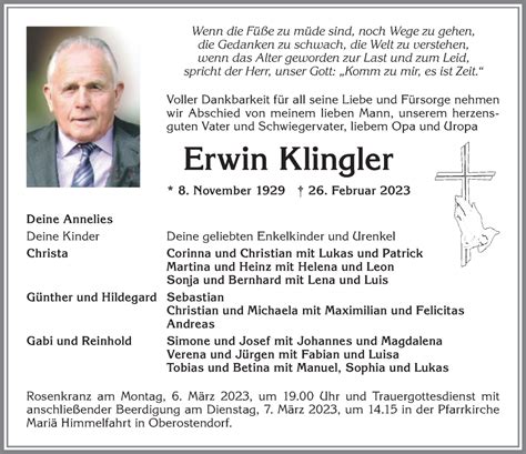 Traueranzeigen von Erwin Klingler Allgäuer Zeitung