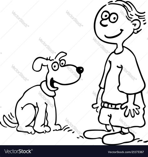 Boy With Dog Outlined Cartoon Hand Drawn Sketch Vector Image