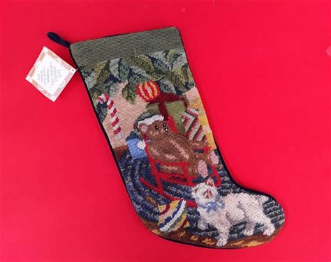 Vintage Needlepoint Stocking Teddy Bear Christmas Stocking Kitty Child