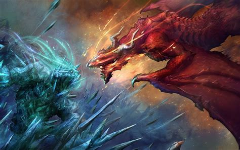 Fire Dragon Fighting With Ice Giant Illustration Dragons Art Battle Fantasy 720p Wallpaper