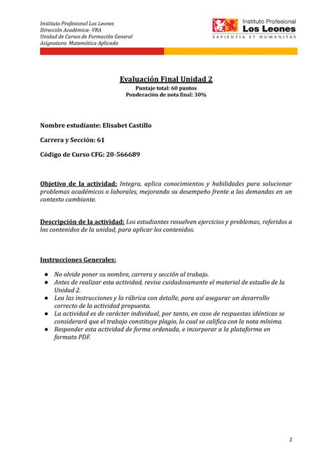 MA Evaluación Final U2 mate Evaluación Final Unidad 2 Puntaje total