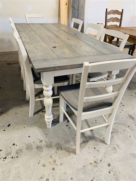 Modern Farmhouse Table With Turned Legs Chair Set Classic Gray Top And