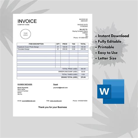 Microsoft Word Invoice Template Printable Invoice Template Invoice ...