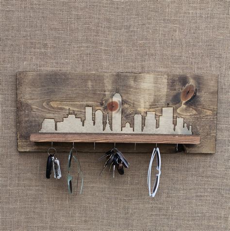 Wooden Entryway Shelf And Key Holder With Wood Burned City