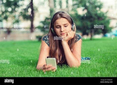 Closeup Portrait Upset Sad Skeptical Unhappy Serious Woman Texting On