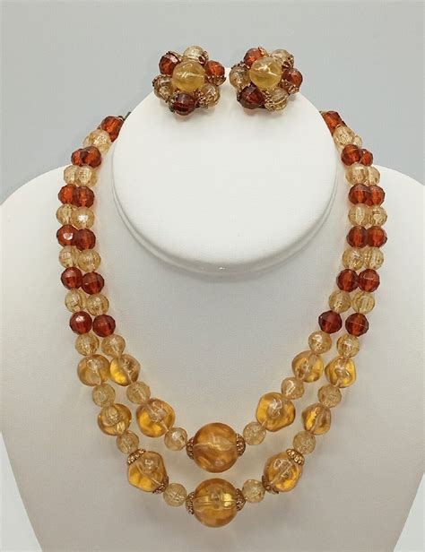 Vintage Two Tone Amber Lucite Multi Strand Necklace Earring Set Ebay