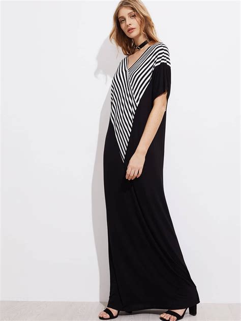 V Neckline Striped Panel Kaftan Dress Shein Sheinside