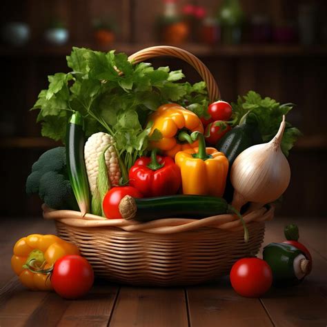 Verduras Frescas En Una Canasta De Mimbre En Una Mesa De Madera