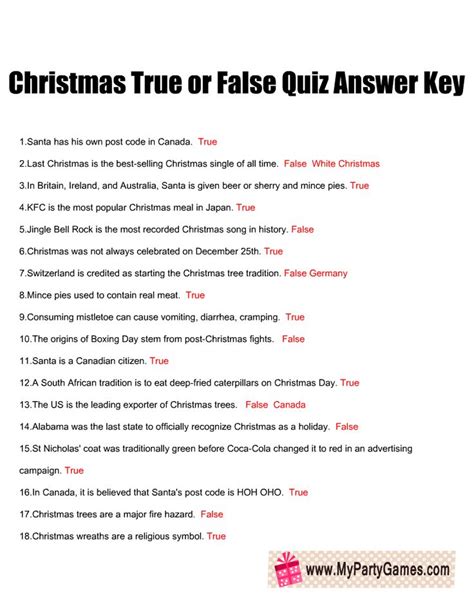 A Christmas Quiz Answer Sheet With The Words Christmas True Or False