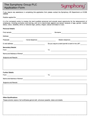 Fillable Online The Symphony Group PLC Application Form Fax Email Print