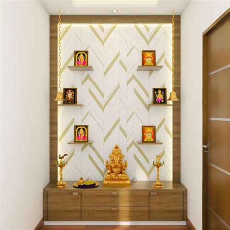 Contemporary Pooja Room Design With Golden Lined Wallpaper Livspace