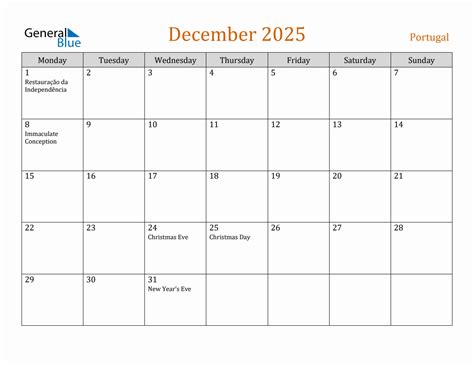 Free December 2025 Portugal Calendar