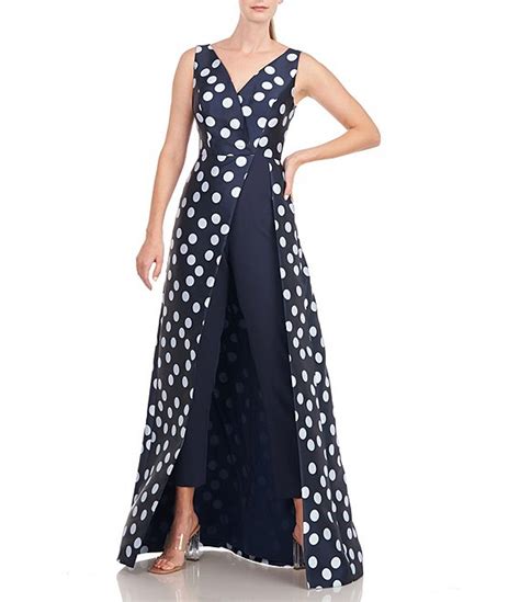 Kay Unger Polka Dot V Neck Sleeveless Walk Thru Jumpsuit Gown Dillard S