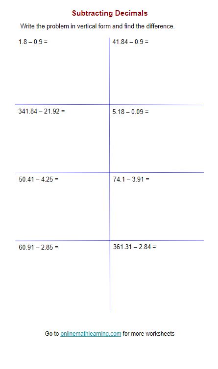 Subtracting Decimals Worksheets Answers Printable Online Grade 3