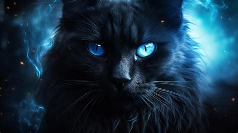premium ai image  attractive longhaired black cat  bright blue