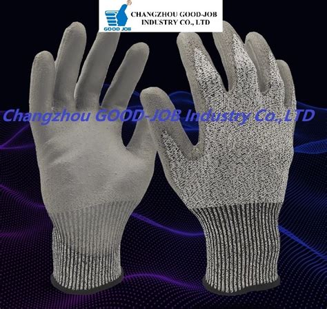 HPPE Liner 13G Gloves PU Palm Coated EN388 4443C Cut Resistant Gloves