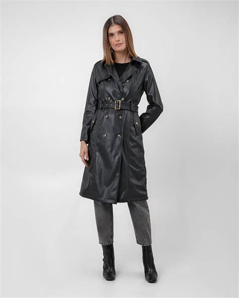 Riachuelo Trench Coat Feminino De Poliuretano Cinto Preto AK By