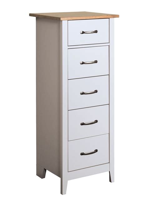 Steens Norfolk Solid Painted Grey And Oak 5 Drawer Tall Narrow Chest Of