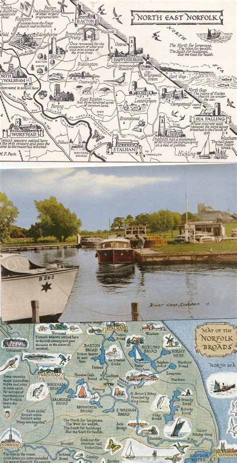 River Chet Norfolk Broads And Map 3x Postcard S Manuscript Paper