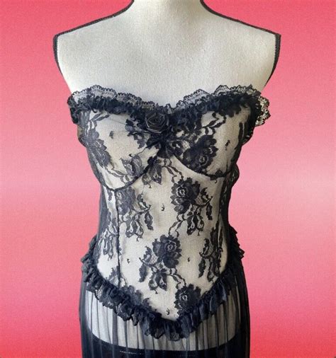 Vintage Sheer Black Lace Ruffle Negligee Escante Ling Gem