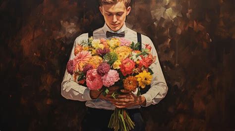 Premium Ai Image A Man Holding A Bouquet Of Flowers In His Hands