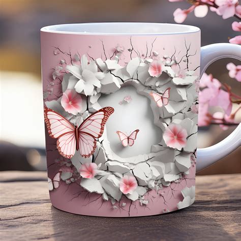 D Pink Butterfly Mug Wrap Png Oz And Oz Mug Template Etsy